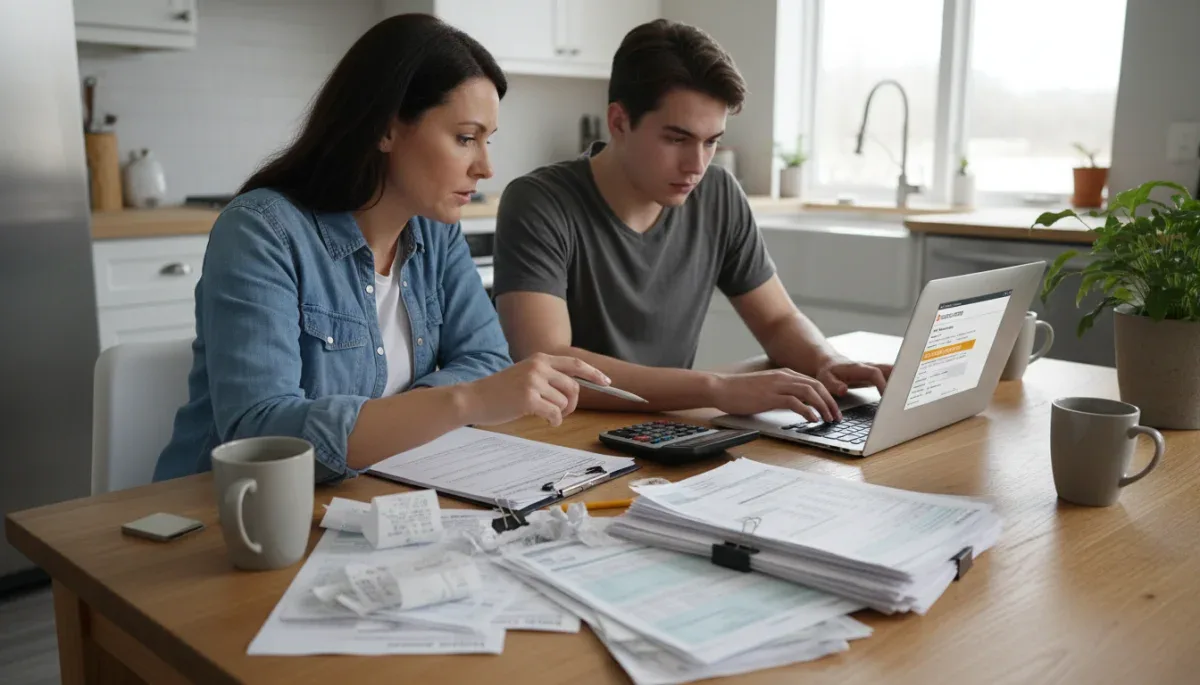 Parent and student organizing financial records for tax credit application