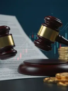 Gavel striking tax document over investment charts