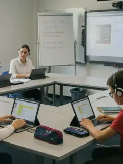 Students using various tech tools for differentiated learning in a modern classroom
