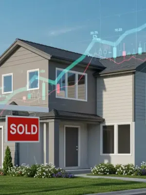 Modern house with 'Sold' sign, digital overlays of interest rates, and market trends.