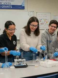 Students and teachers collaborating on a STEM project, symbolizing new education grants