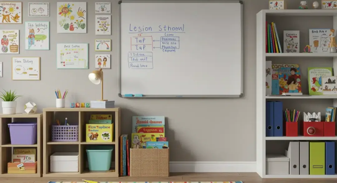 Organized homeschool classroom with whiteboard and educational resources, illustrating effective learning environments.