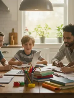 Family homeschooling together at a kitchen table with educational materials in a modern home, representing the 2025 homeschooling landscape.