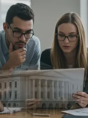 Young adults discussing student loan repayment strategies with federal policy updates on a laptop