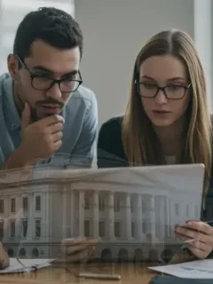 Young adults discussing student loan repayment strategies with federal policy updates on a laptop