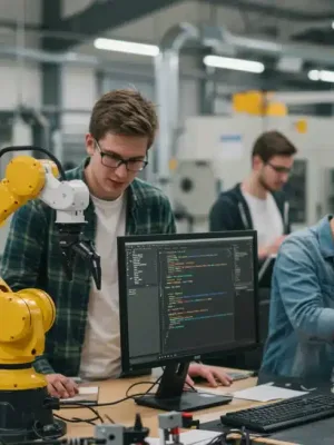 Diverse students learning in a modern vocational training center, focusing on robotics, coding, and green energy.
