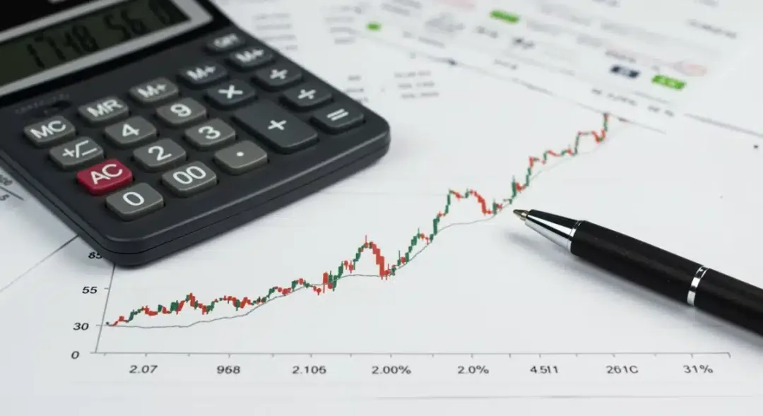 Interest rate chart showing a 5.5% projection, with a calculator and pen for financial planning.