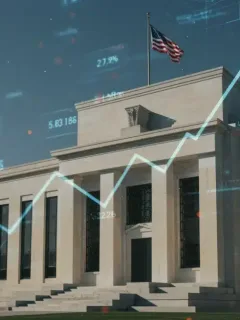 Federal Reserve building with digital interest rate graphs and a house icon, symbolizing the 2026 interest rate forecast and its impact on mortgages.