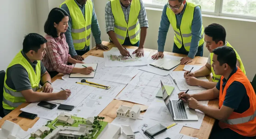 Engineers and community leaders planning climate-resilient infrastructure