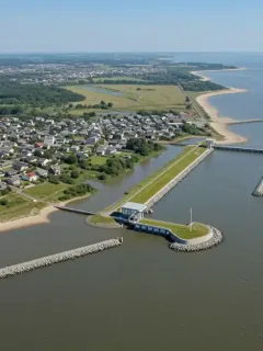 Coastal community with new flood barriers and green infrastructure for climate resilience