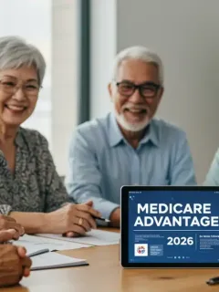 Seniors reviewing 2026 Medicare Advantage plan documents during open enrollment.