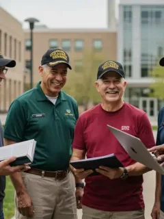 Veterans discussing education benefits on a modern college campus