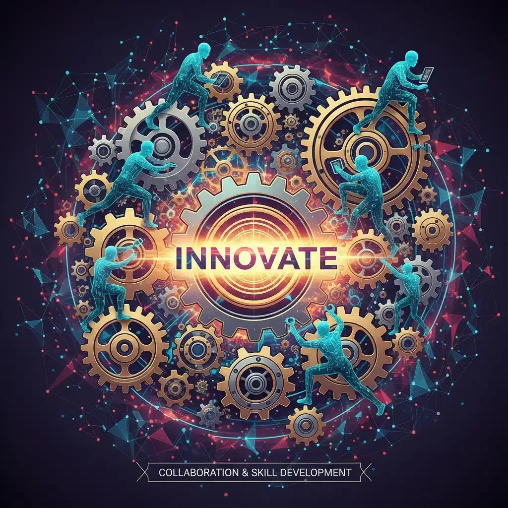Illustration of interconnected gears and people symbolizing skill development