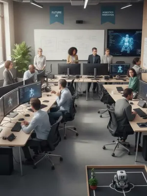 Adults learning robotics and AI in a modern training center