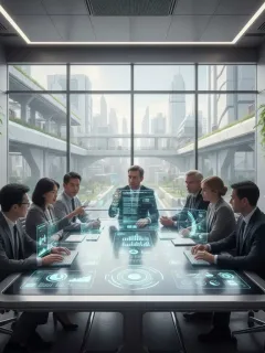 Professionals analyzing future employee benefit trends on digital screens