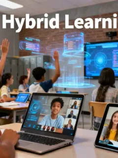 Diverse students in a dynamic hybrid learning environment, combining in-person and remote digital engagement.
