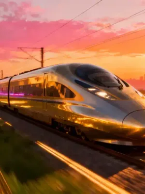 High-speed train speeding through a modern landscape, symbolizing future transportation