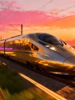 High-speed train speeding through a modern landscape, symbolizing future transportation