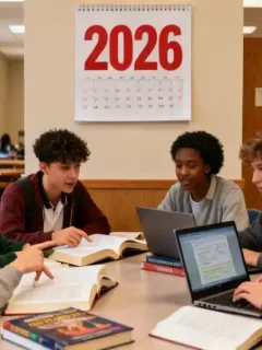 High school students diligently preparing for 2026 SAT and ACT exams in a modern library setting.