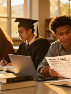 Diverse graduate students studying, discussing funding options