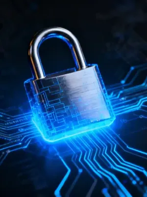 Digital padlock representing cybersecurity protecting data streams