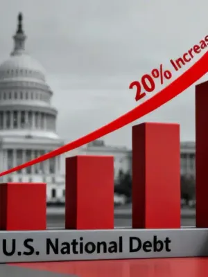Graph showing rising US national debt towards 2026, with a 20% increase forecast and impact on interest rates.