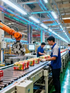 Modern factory floor with robots and workers, representing a thriving manufacturing sector and domestic production growth.
