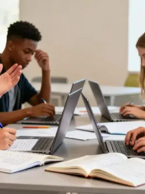 Students writing Common App essays, collaborating on college applications