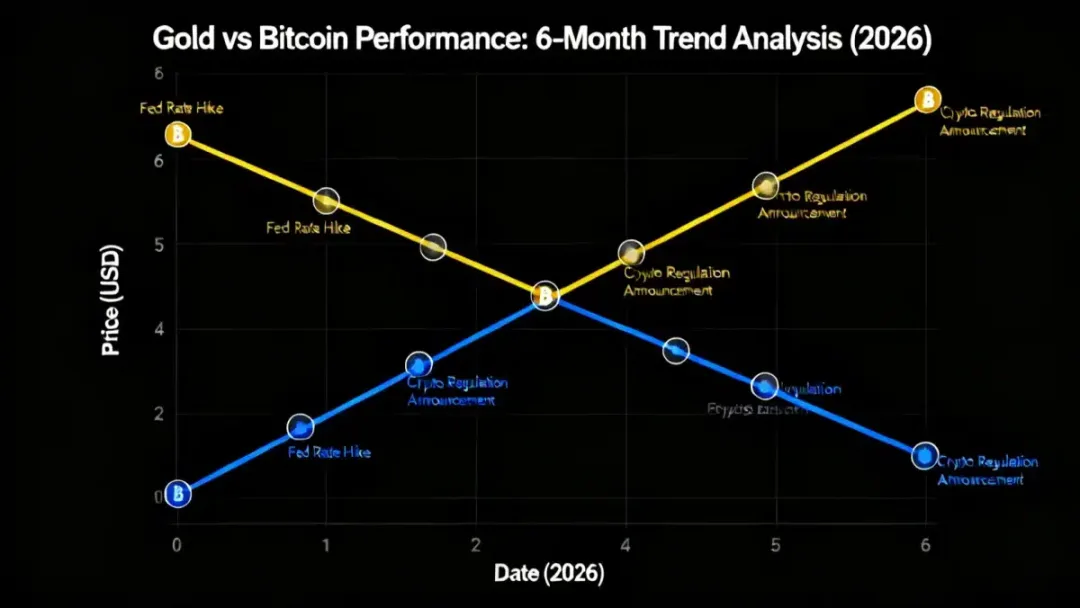 Performance chart comparing 6-month returns of gold and Bitcoin in 2026.
