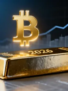 Gold bar next to a Bitcoin logo, representing a digital and traditional asset comparison for 2026 investment.