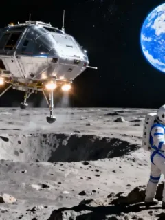 Futuristic NASA lunar lander on moon surface with Earth in background, symbolizing 2026 budget impact.