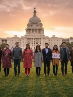 Diverse group of people standing hopefully before U.S. Capitol, representing immigration reform aspirations.