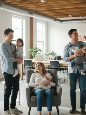 Parents with babies and toddlers in a modern, family-friendly office environment.