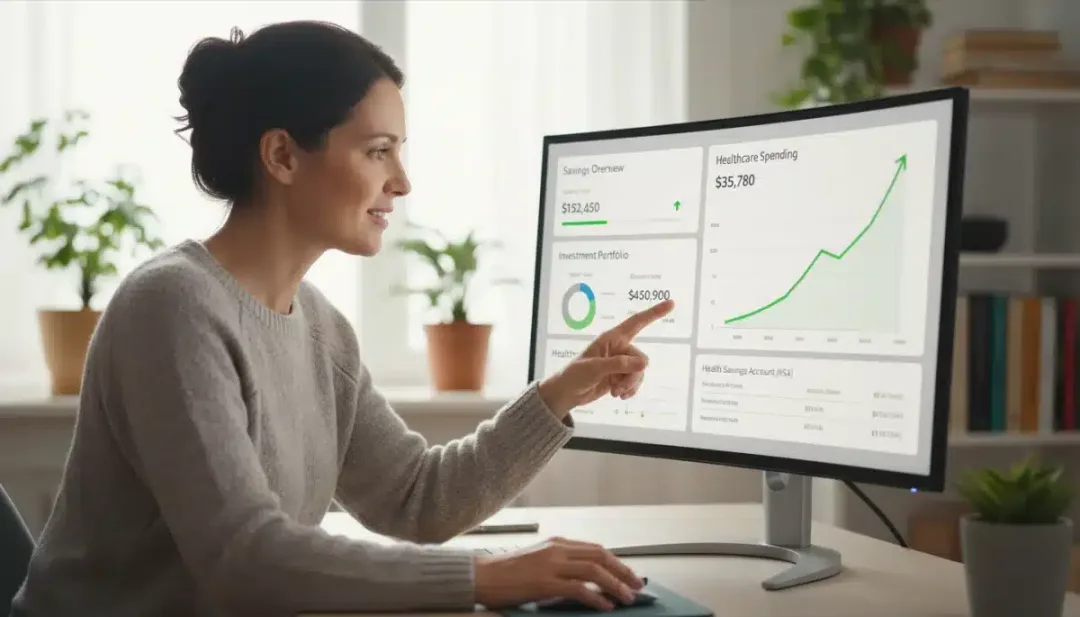 Digital financial dashboard showing HSA growth and healthcare expense tracking.