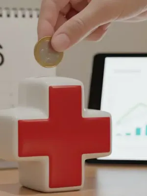 Hand putting coins into a medical cross piggy bank, representing 2026 HSA savings.