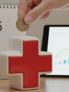 Hand putting coins into a medical cross piggy bank, representing 2026 HSA savings.