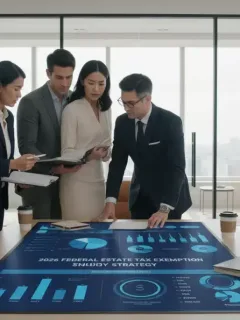 Financial advisor explaining 2026 federal exemption to clients in a modern office