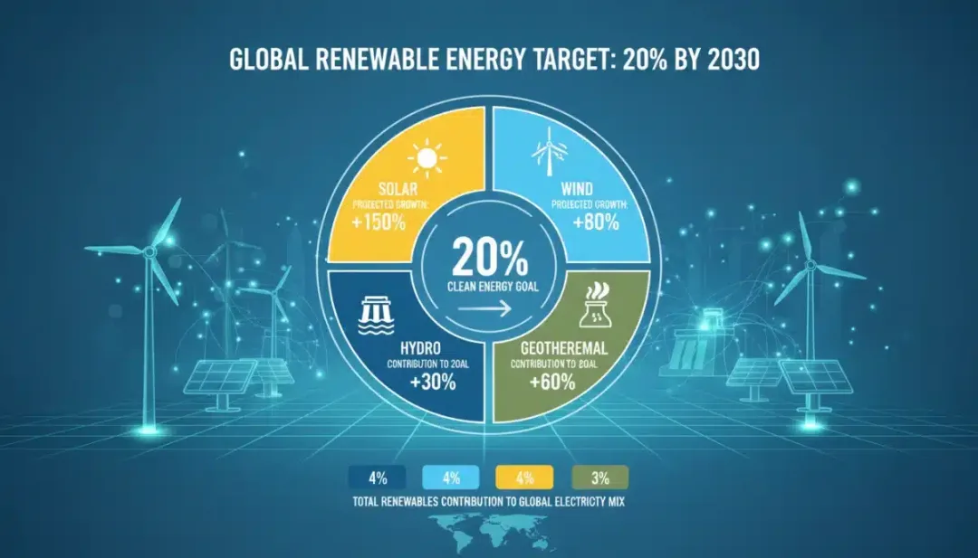 Infographic detailing projected growth and contributions of various renewable energy sources towards the 2030 target.