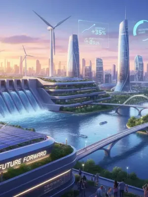 Illustration of integrated renewable energy sources transforming a city skyline, symbolizing progress and sustainability.