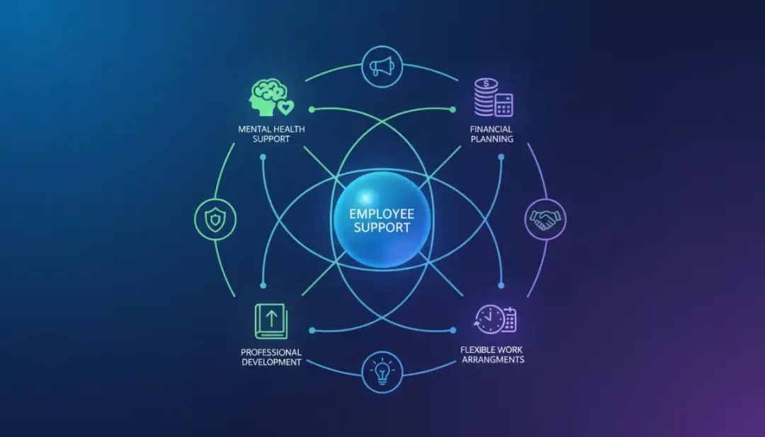 Comprehensive employee well-being network with icons for mental health, finance, and professional growth.