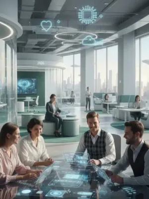 Modern office scene with diverse employees enjoying innovative workplace benefits in 2026.