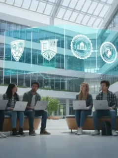Students researching online degree accreditation in 2026 with holographic display