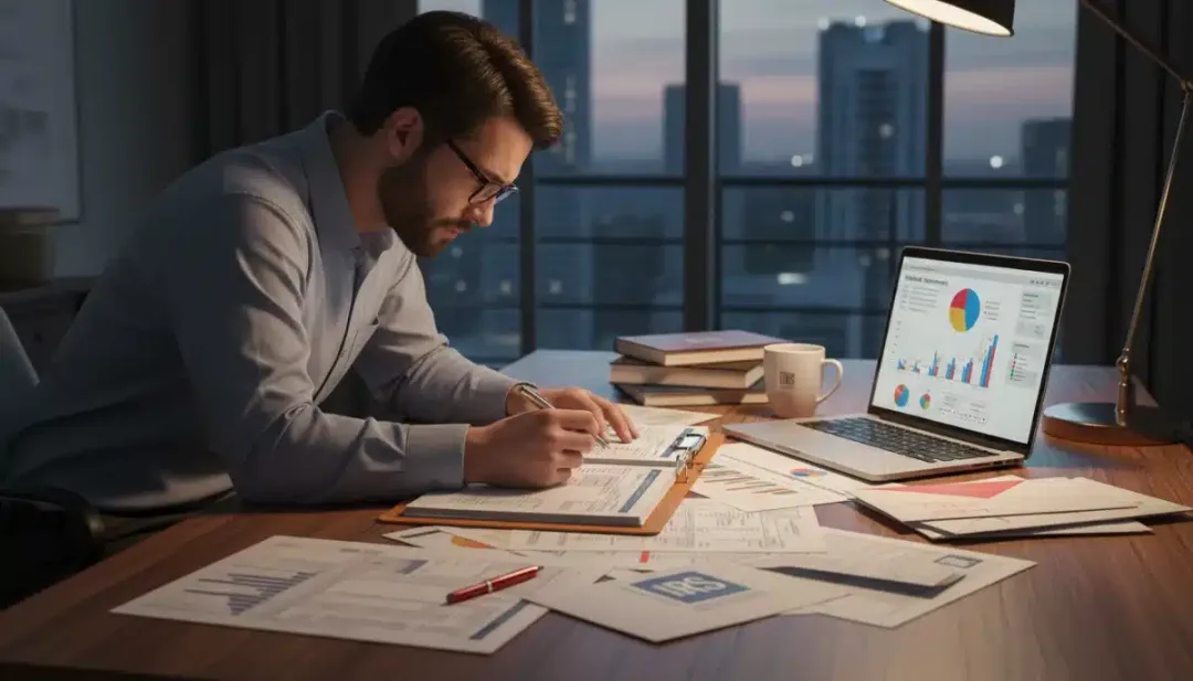Investor reviewing financial documents and laptop for tax preparation.