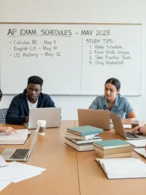 Students collaboratively studying for AP exams in a library