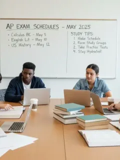 Students collaboratively studying for AP exams in a library