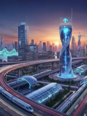 Modern infrastructure with highways, trains, and renewable energy projects symbolizing the 2026 plan.