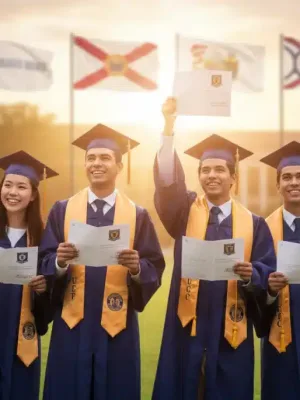 High school seniors celebrating graduation, looking forward to college with state scholarship opportunities.