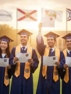 High school seniors celebrating graduation, looking forward to college with state scholarship opportunities.
