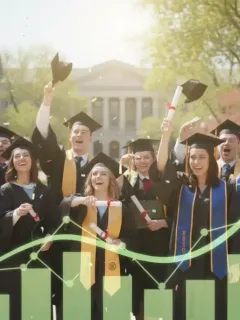 Graduates celebrating with financial charts overlay