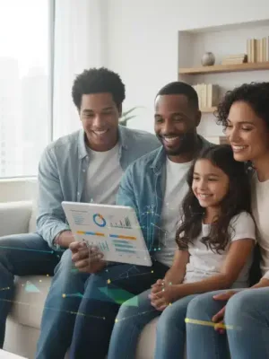 Family reviewing federal benefits information on a tablet